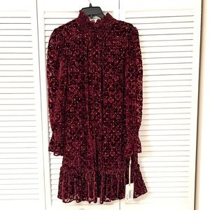 Alex Marie Dress NWT Gabby Burgundy & Gold Burnout Long Sleeves Lined STUNNING!